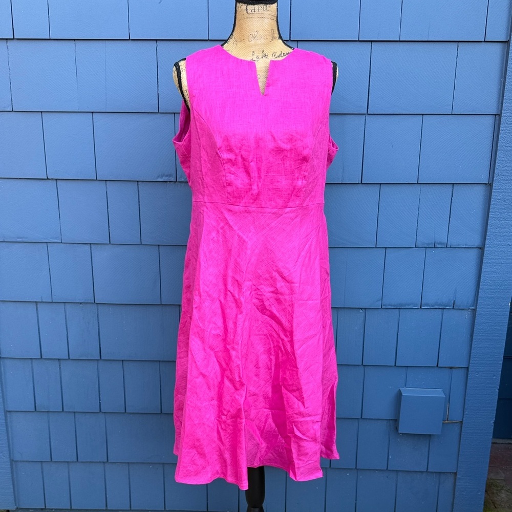 Sleeveless Bright Pink Midi Dress with Notch Neck Tuong Tailor magenta linen